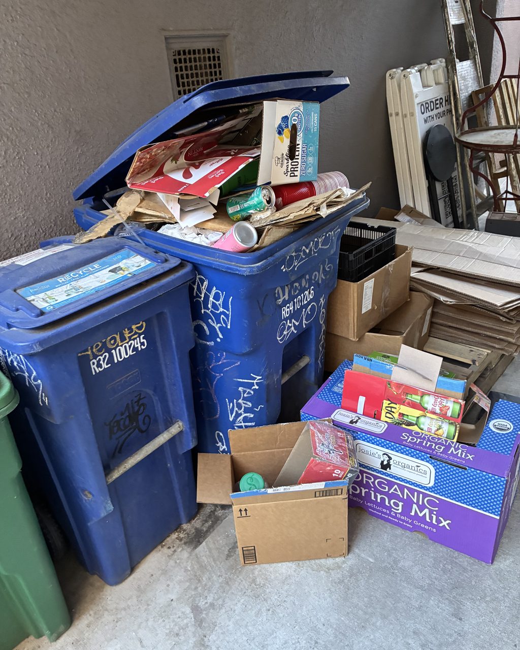 Recycling bins with sorted cardboard and mixed trash at a property